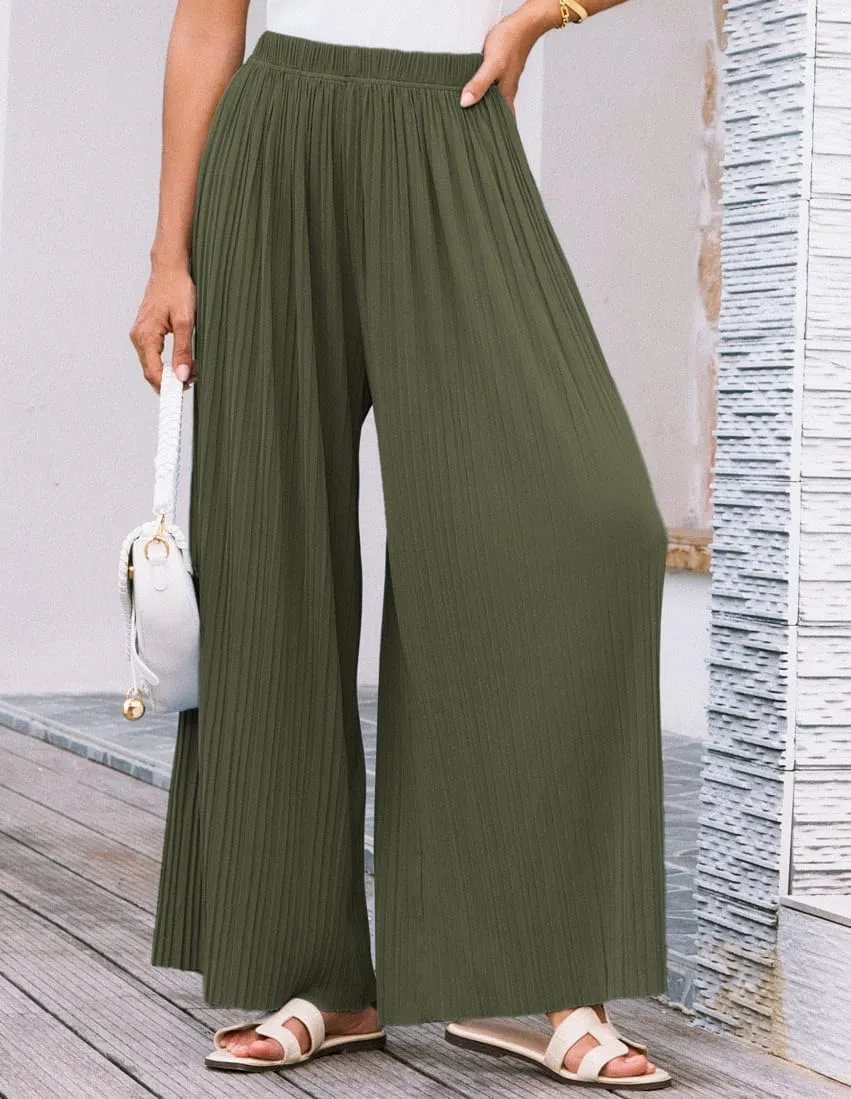 GRACE KARIN Womens Casual Wide Leg Pants Pleated High Elastic Waist Flowy Loose Beach Palazzo Pants Work Trousers Summer