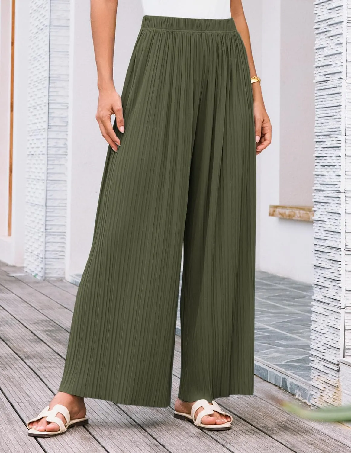 GRACE KARIN Womens Casual Wide Leg Pants Pleated High Elastic Waist Flowy Loose Beach Palazzo Pants Work Trousers Summer