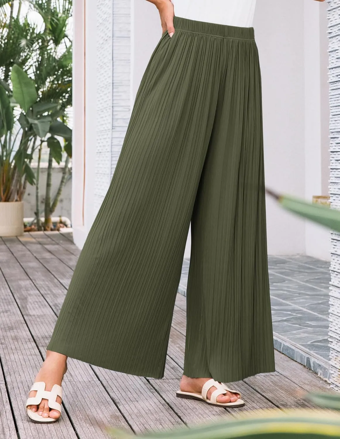 GRACE KARIN Womens Casual Wide Leg Pants Pleated High Elastic Waist Flowy Loose Beach Palazzo Pants Work Trousers Summer