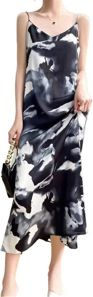 GUOYUXIAO Women's Printed Dress Sleeveless Retro Style Skirt