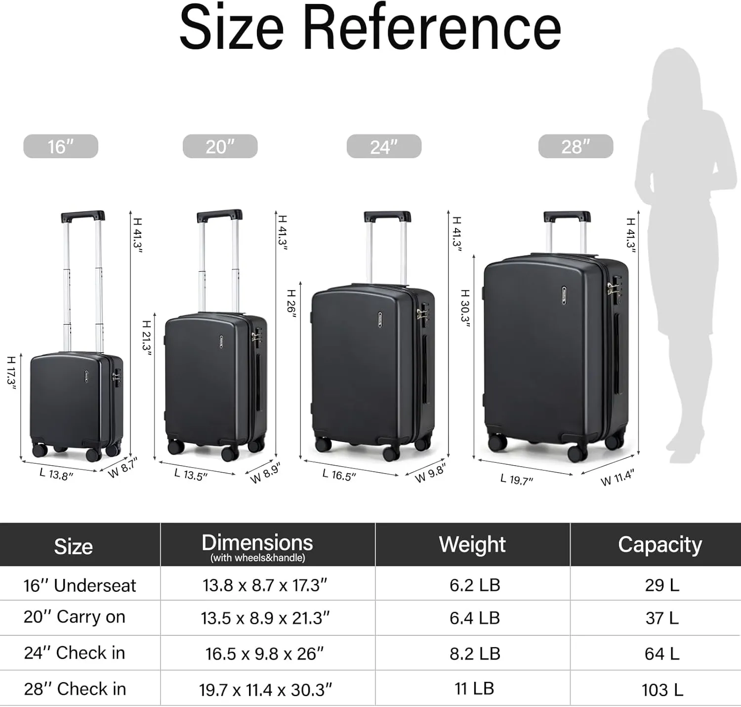 Hanke Hard Shell Suitcases Underseat Carry On Luggage with Spinner Wheels 24/28 Inch Large Checked Luggage Lightweight Suitcase TSA Approved Luggage Sets, Jet Black, Checked-Medium 24-Inch