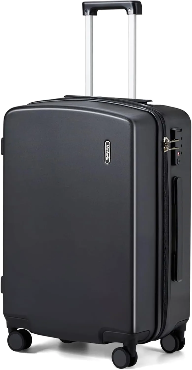 Hanke Hard Shell Suitcases Underseat Carry On Luggage with Spinner Wheels 24/28 Inch Large Checked Luggage Lightweight Suitcase TSA Approved Luggage Sets, Jet Black, Checked-Medium 24-Inch