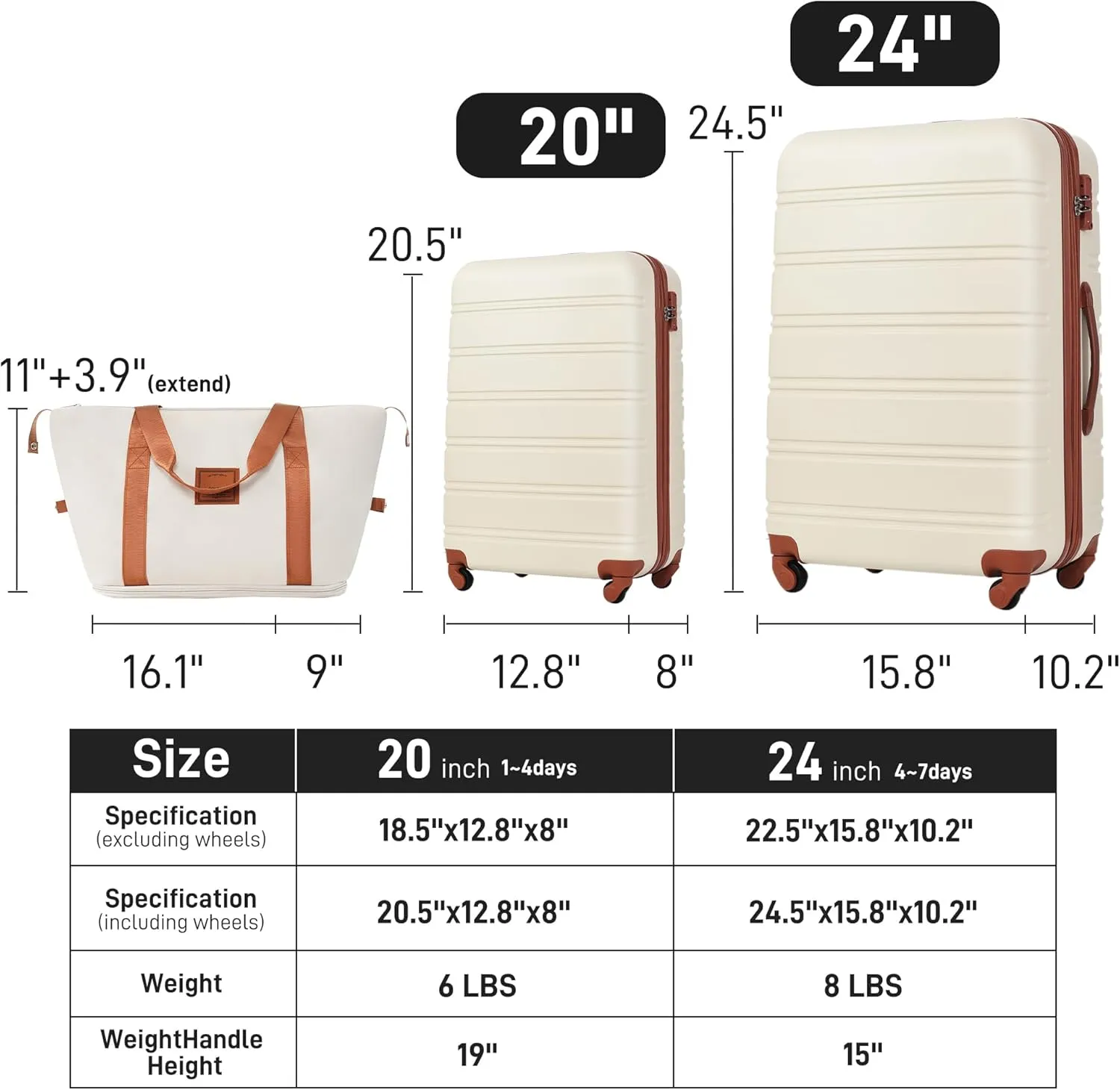 Hardshell Luggage Sets 2Pcs,Bag Spinner Suitcase with TSA Lock Lightweight 20"   24", Suitcase Suitable for Travel. (Brown White)