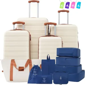 Hardshell Luggage Sets 4 pcs   Bag Spinner Suitcase with TSA Lock Lightweight-16 20" 24" 28" Luggages,Brown White