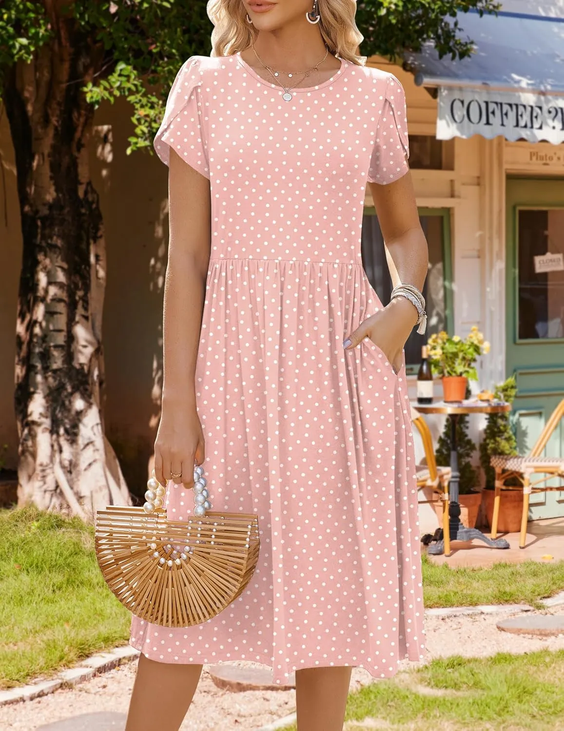 HOTOUCH Women Dress 2025 Short Sleeve Floral Midi Loose Tshirt Dresses Aline Flowy Swing Beach Sundress with Pockets