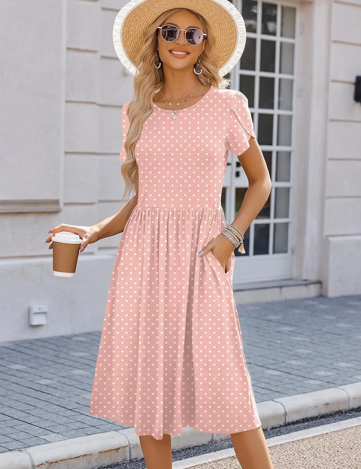 HOTOUCH Women Dress 2025 Short Sleeve Floral Midi Loose Tshirt Dresses Aline Flowy Swing Beach Sundress with Pockets