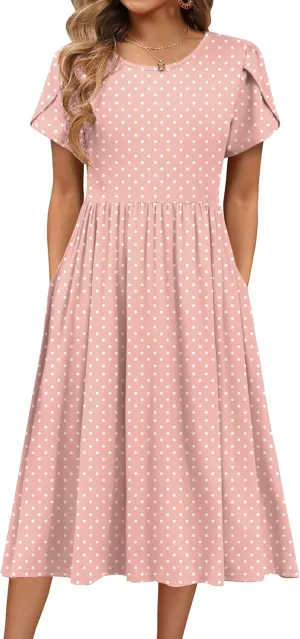 HOTOUCH Women Dress 2025 Short Sleeve Floral Midi Loose Tshirt Dresses Aline Flowy Swing Beach Sundress with Pockets