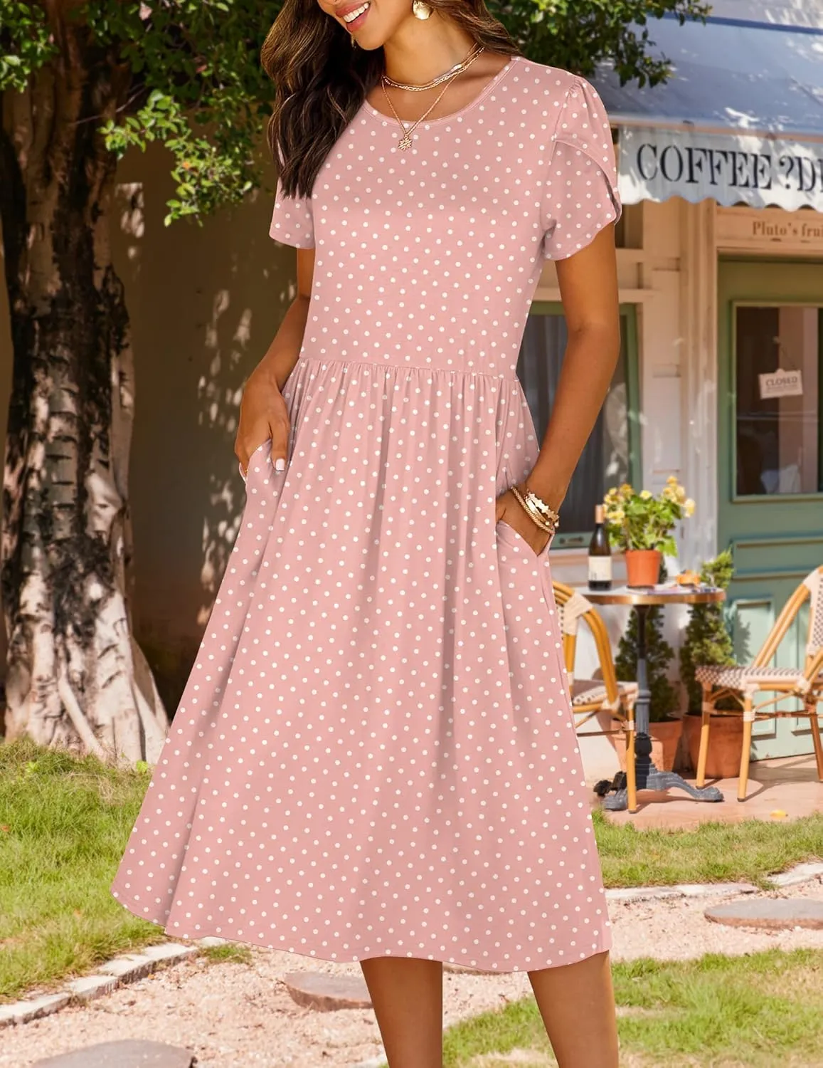 HOTOUCH Women Dress 2025 Short Sleeve Floral Midi Loose Tshirt Dresses Aline Flowy Swing Beach Sundress with Pockets