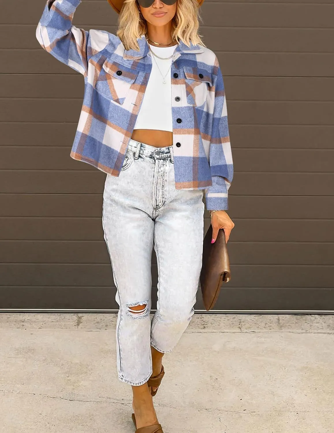 HOTOUCH Womens Flannels Fall Cropped Shacket Plaid Jacket Long Sleeve Button Down Coat 2024 Fall Fashion Trendy Outfits