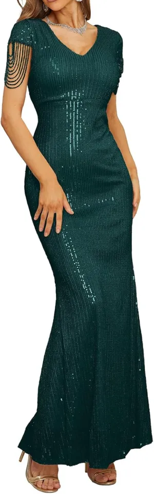 houstil Formal Dresses for Women Sequin 1920s Maxi Long Evening Gown Party Great Gatsby Cocktail Wedding Dress