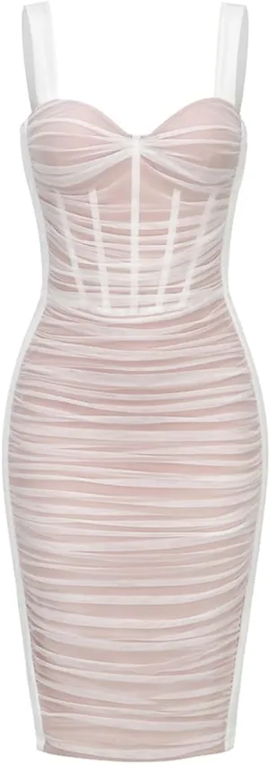 houstil Women's Strap Wedding Guest Dress Velvet Mesh Bodycon Cocktail Party Fishbone Mini Clubwear