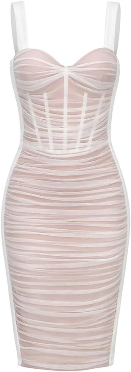 houstil Women's Strap Wedding Guest Dress Velvet Mesh Bodycon Cocktail Party Fishbone Mini Clubwear