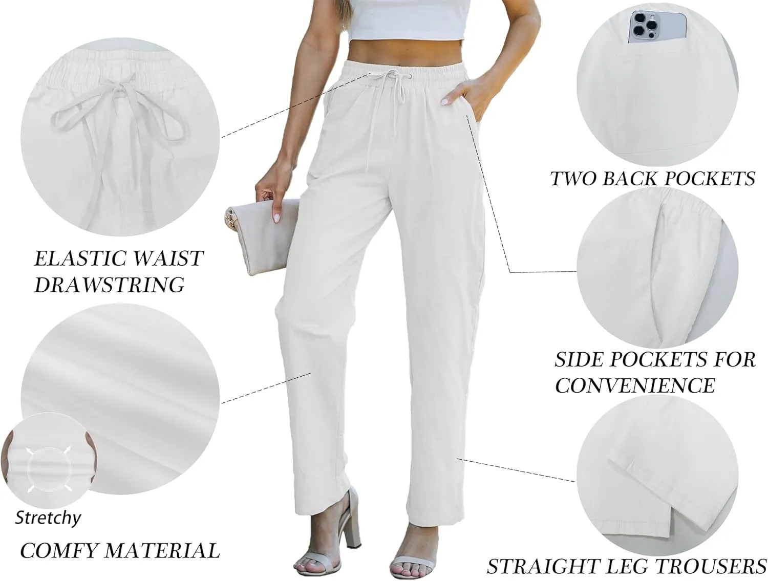 HVEPUO Womens High Waisted Casual Elastic Waist Drawstring Twill Pants Straight Leg Lightweight Cotton Trousers with Pockets