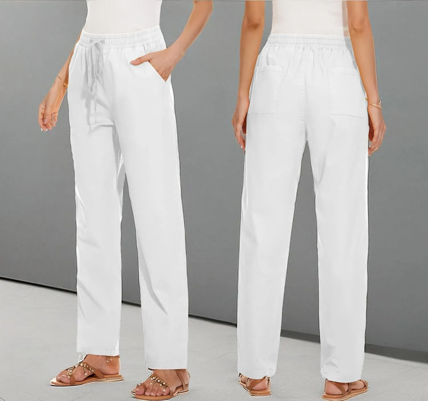 HVEPUO Womens High Waisted Casual Elastic Waist Drawstring Twill Pants Straight Leg Lightweight Cotton Trousers with Pockets