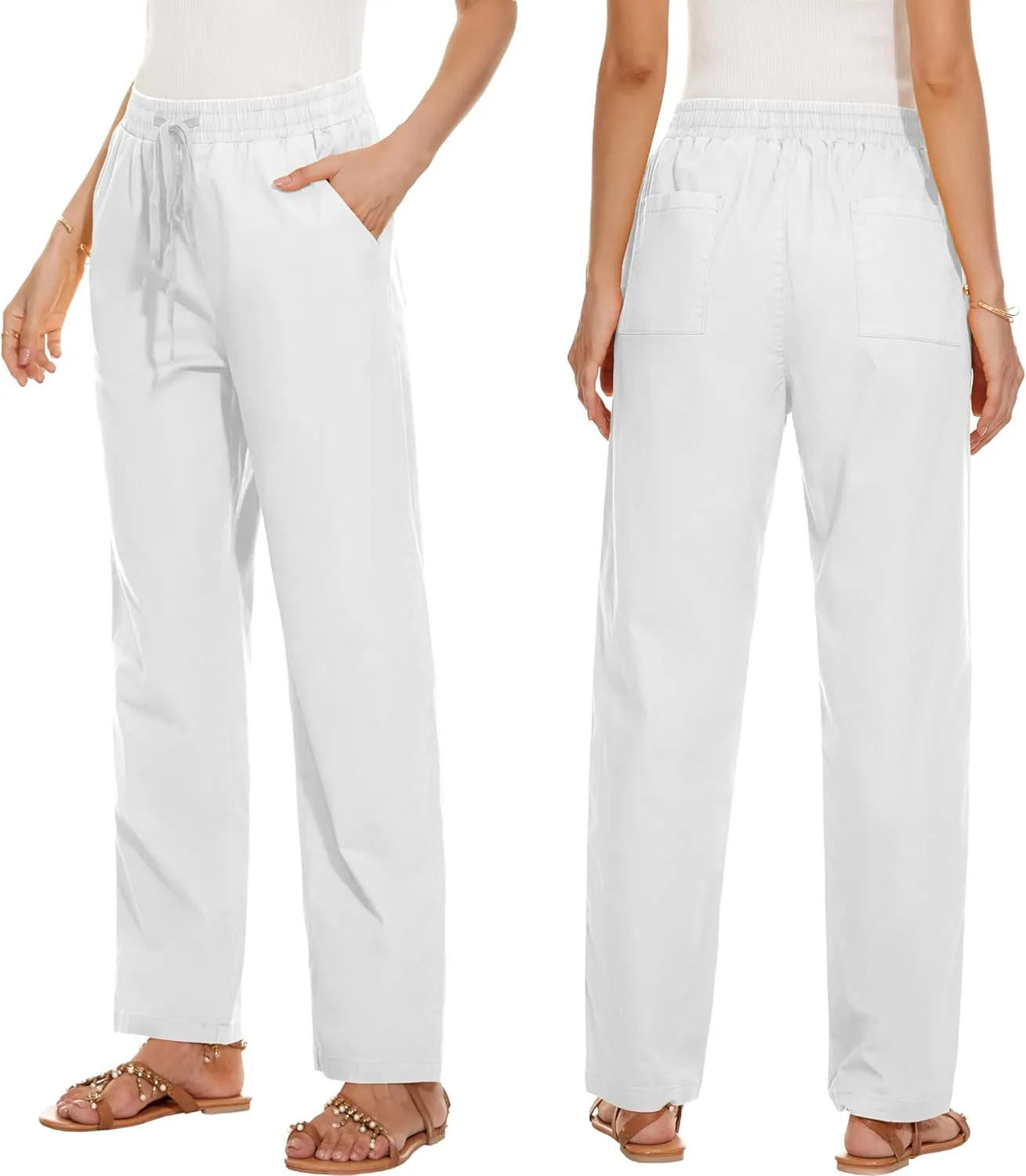 HVEPUO Womens High Waisted Casual Elastic Waist Drawstring Twill Pants Straight Leg Lightweight Cotton Trousers with Pockets