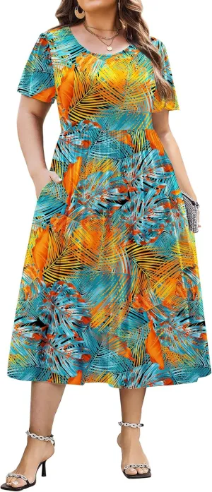 IN'VOLAND Women Plus Size Short Sleeve Dress Loose Summer Casual A-Line Flowy Midi Dresses with Pockets