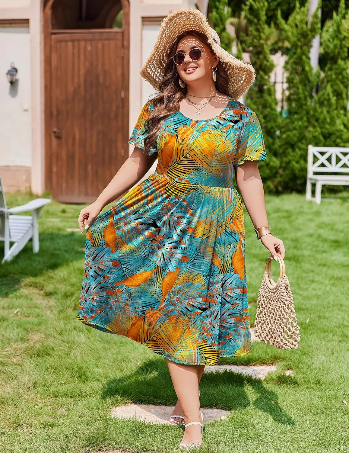 IN'VOLAND Women Plus Size Short Sleeve Dress Loose Summer Casual A-Line Flowy Midi Dresses with Pockets