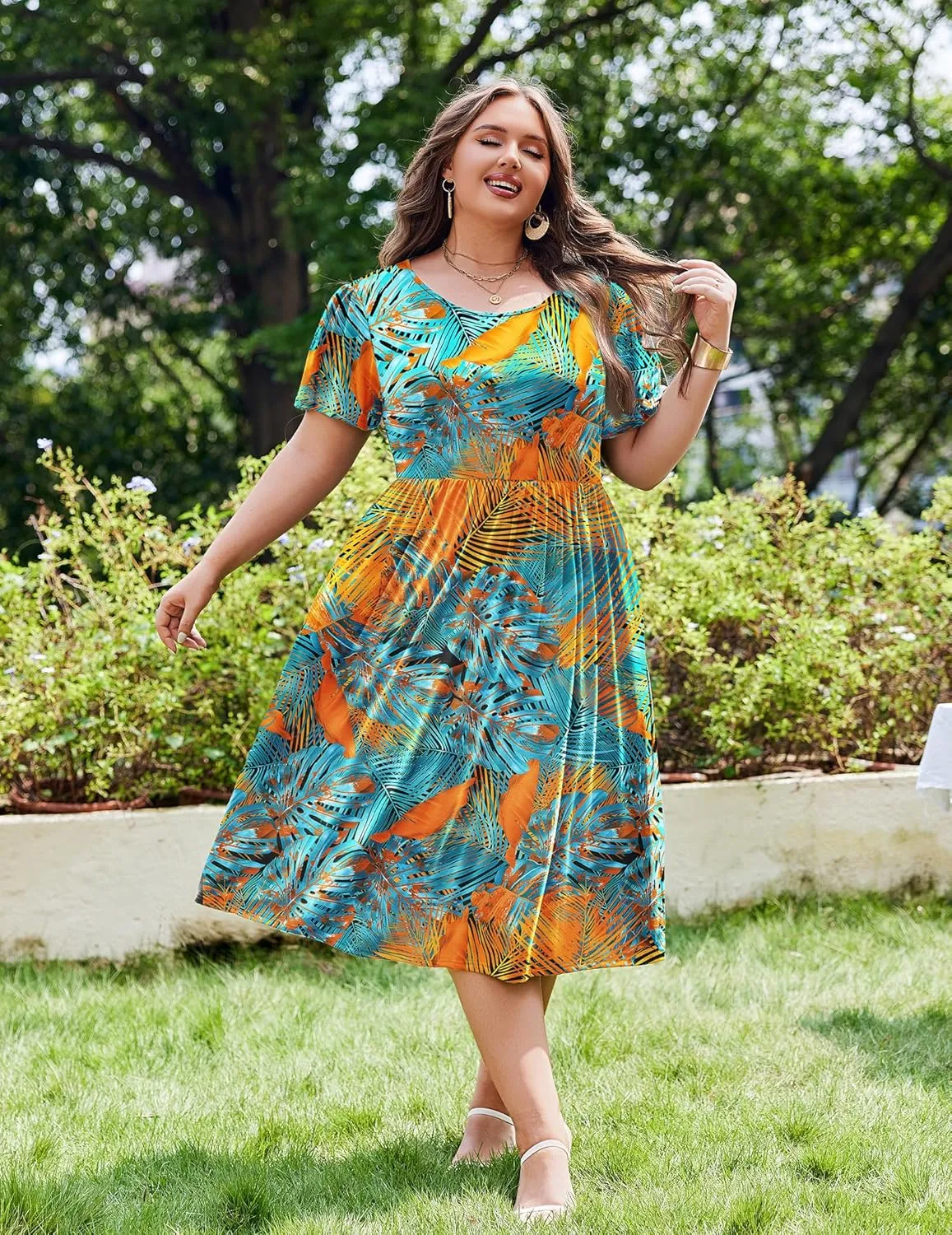 IN'VOLAND Women Plus Size Short Sleeve Dress Loose Summer Casual A-Line Flowy Midi Dresses with Pockets