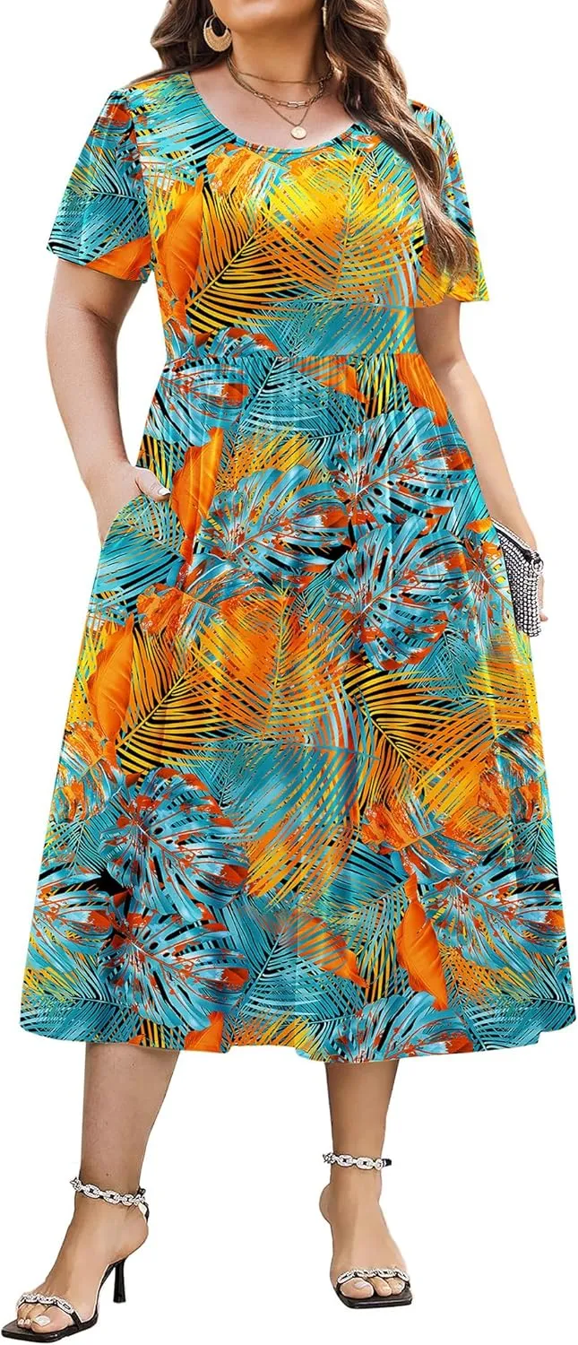 IN'VOLAND Women Plus Size Short Sleeve Dress Loose Summer Casual A-Line Flowy Midi Dresses with Pockets