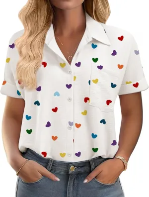IN'VOLAND Womens Plus Size Shirts Short Sleeve Button Down Shirts V Neck Casual Blouses Tops