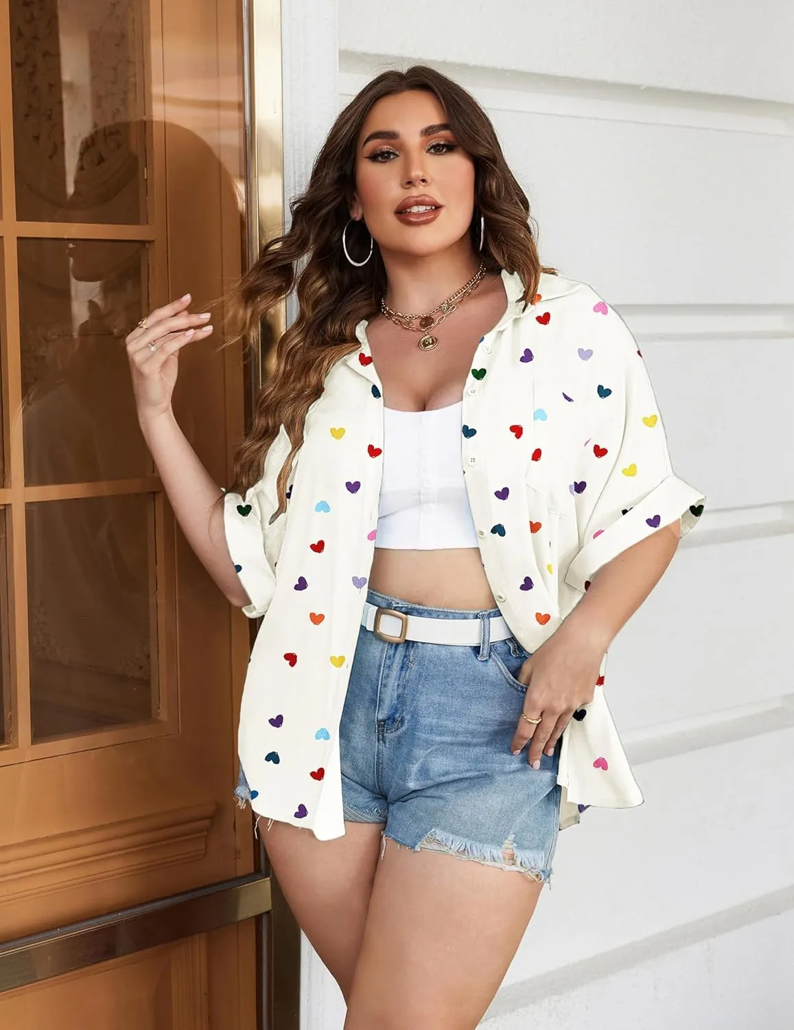 IN'VOLAND Womens Plus Size Shirts Short Sleeve Button Down Shirts V Neck Casual Blouses Tops