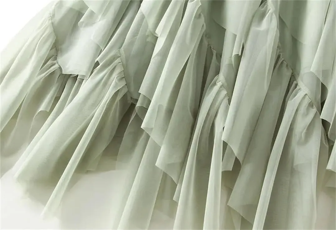 Irregular Ruffled Tulle Skirt for Womens High-Waist Mid-Length Draped Mesh Long Skirts