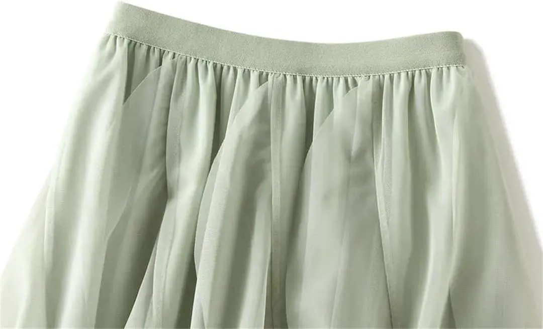 Irregular Ruffled Tulle Skirt for Womens High-Waist Mid-Length Draped Mesh Long Skirts