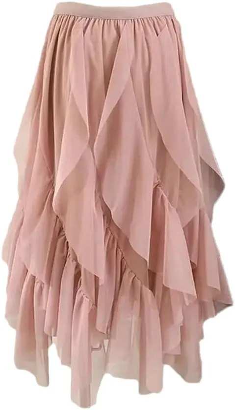 Irregular Ruffled Tulle Skirt for Womens High-Waist Mid-Length Draped Mesh Long Skirts