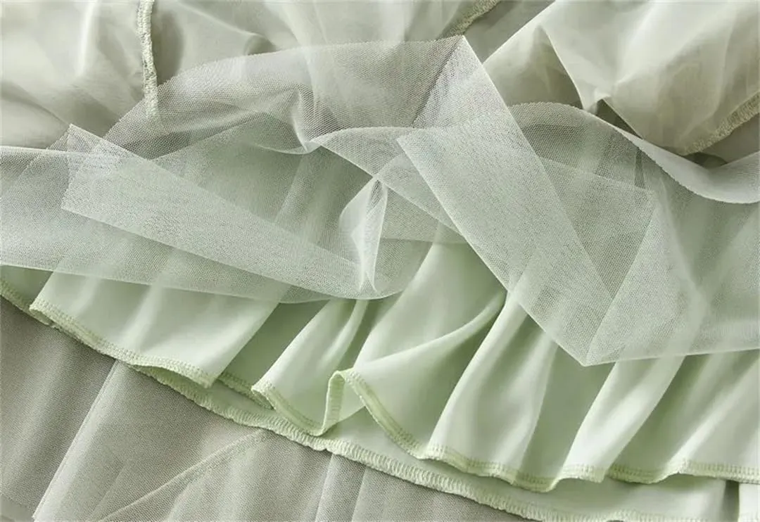Irregular Ruffled Tulle Skirt for Womens High-Waist Mid-Length Draped Mesh Long Skirts
