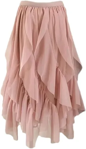 Irregular Ruffled Tulle Skirt for Womens High-Waist Mid-Length Draped Mesh Long Skirts