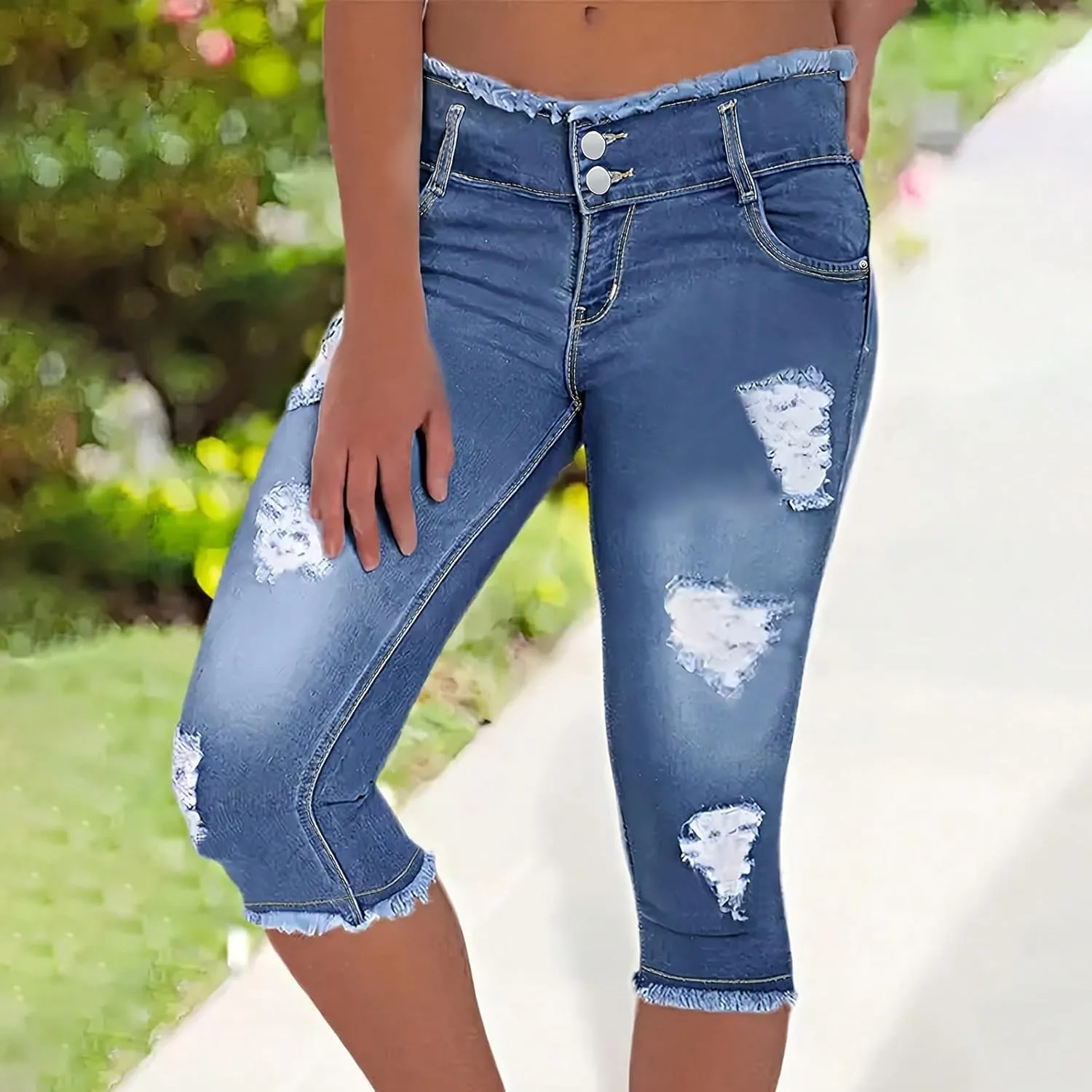 Jean Capris for Women Stretchy Ripped Skinny Raw Hem Stretchy Mid Rise Denim Slim Fit Y2k Capri Jeans with Pockets