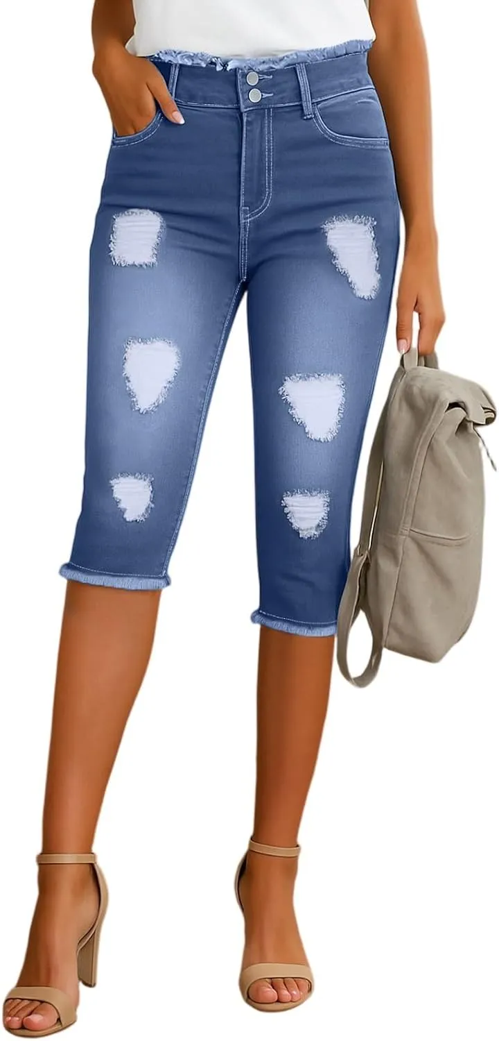 Jean Capris for Women Stretchy Ripped Skinny Raw Hem Stretchy Mid Rise Denim Slim Fit Y2k Capri Jeans with Pockets