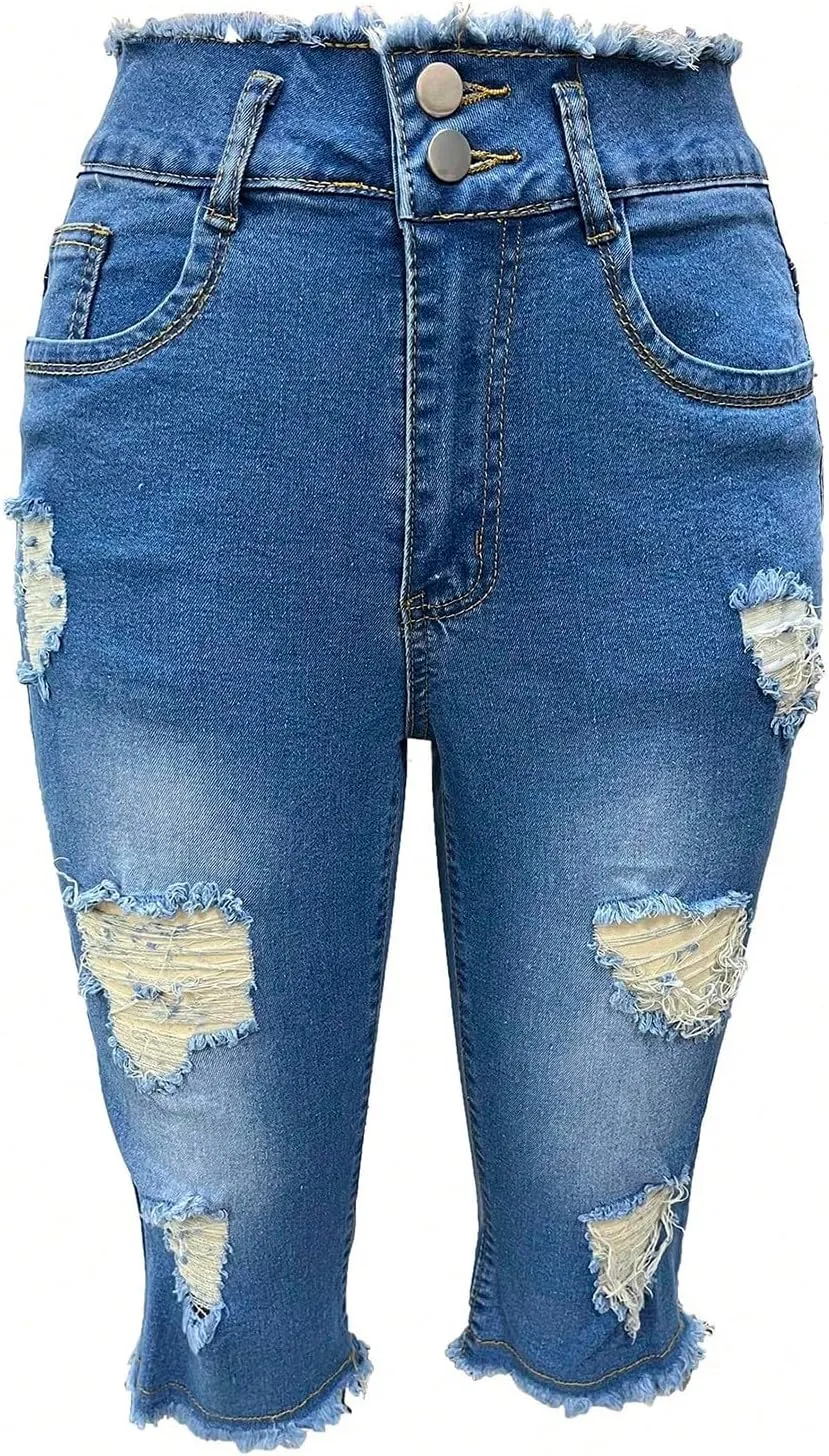 Jean Capris for Women Stretchy Ripped Skinny Raw Hem Stretchy Mid Rise Denim Slim Fit Y2k Capri Jeans with Pockets