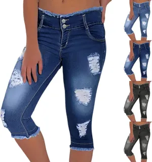 Jean Capris for Women Stretchy Ripped Skinny Raw Hem Stretchy Mid Rise Denim Slim Fit Y2k Capri Jeans with Pockets
