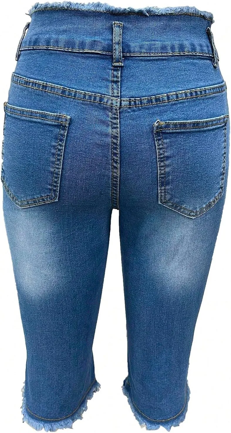 Jean Capris for Women Stretchy Ripped Skinny Raw Hem Stretchy Mid Rise Denim Slim Fit Y2k Capri Jeans with Pockets