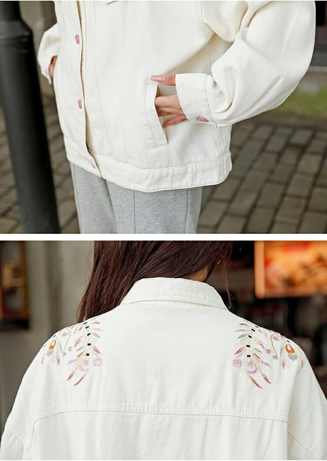 Jean Jacket Women Flower Embroidered Long Sleeve Basic Button Down Denim Jacket Coat with Pockets