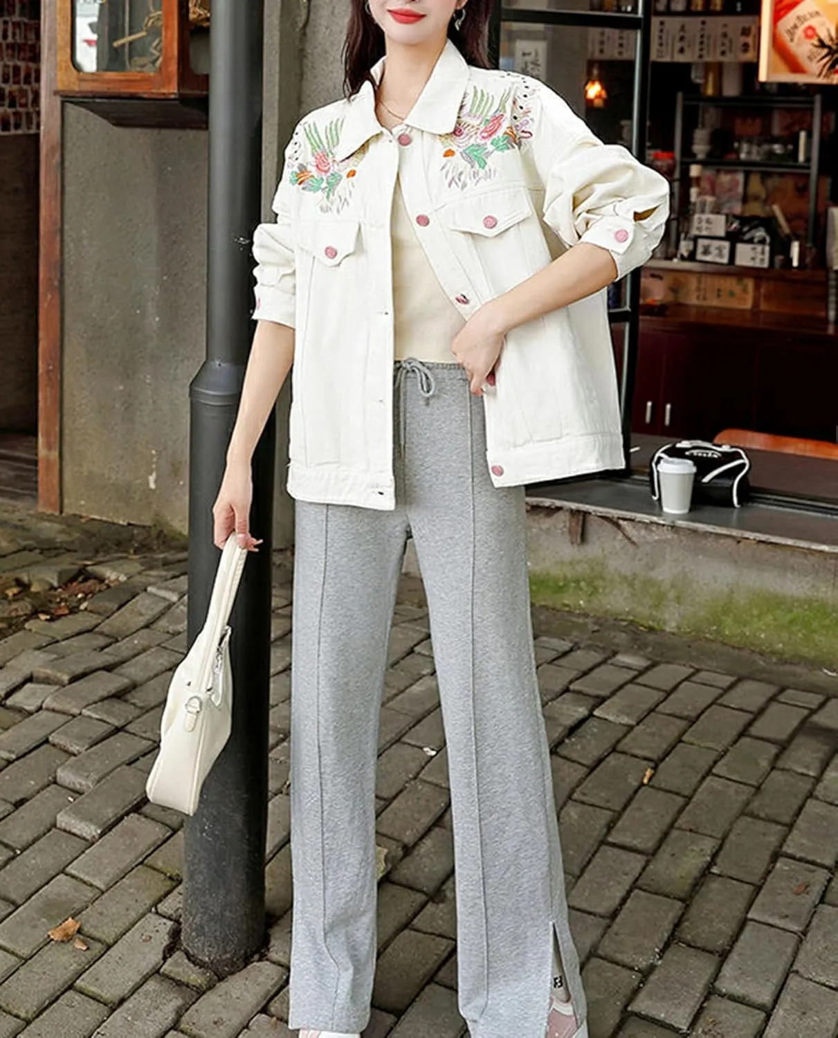 Jean Jacket Women Flower Embroidered Long Sleeve Basic Button Down Denim Jacket Coat with Pockets