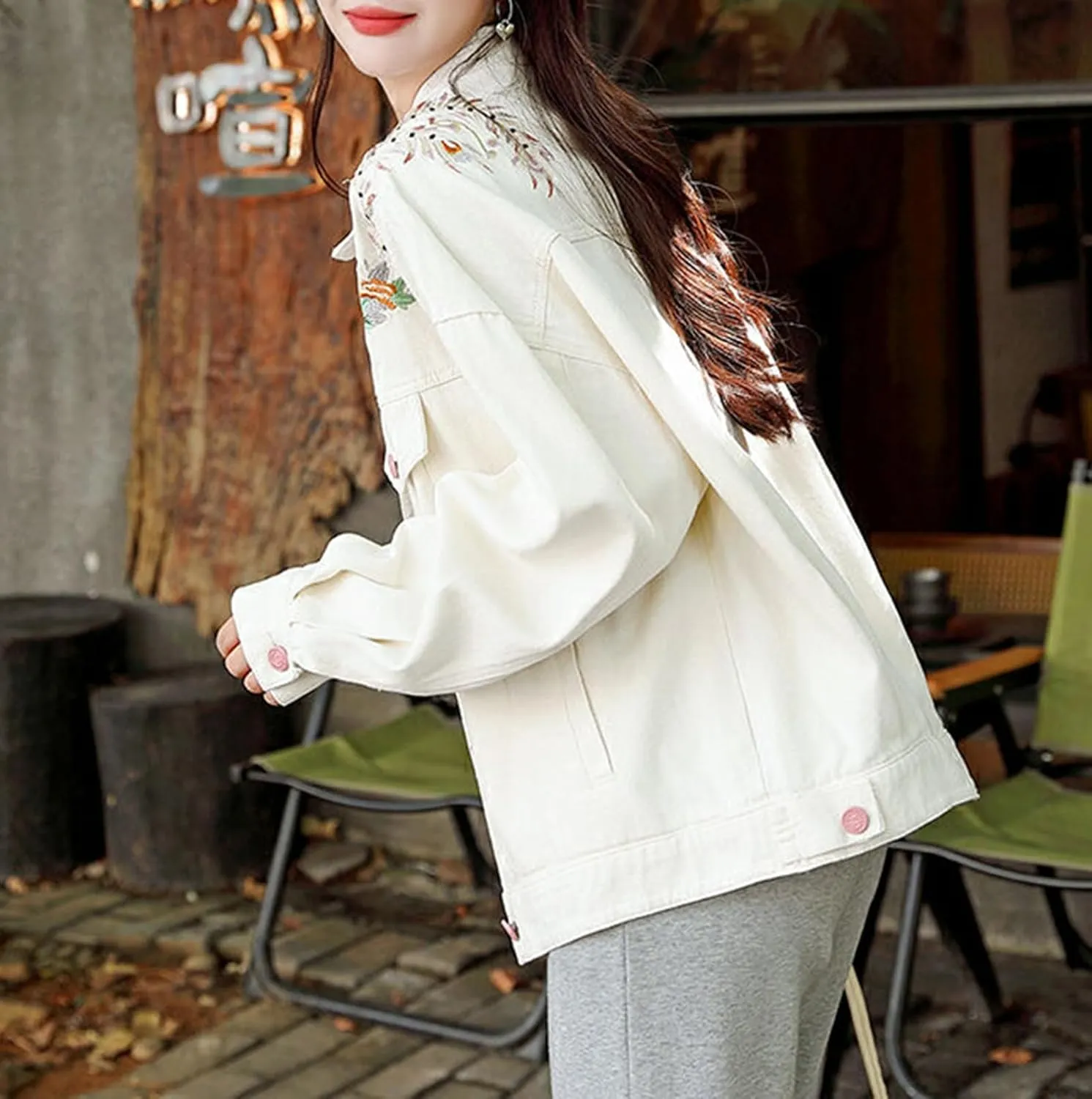 Jean Jacket Women Flower Embroidered Long Sleeve Basic Button Down Denim Jacket Coat with Pockets