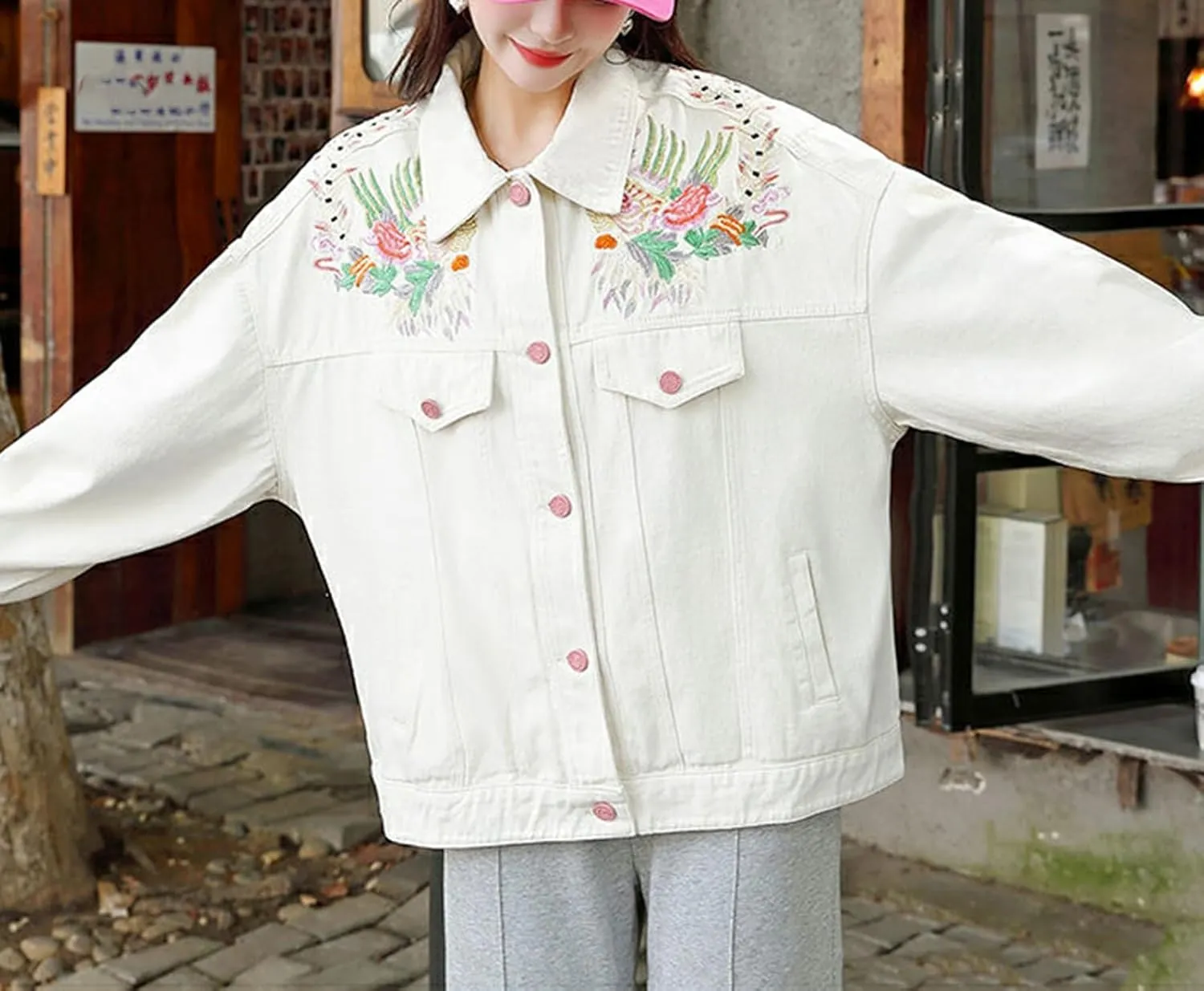 Jean Jacket Women Flower Embroidered Long Sleeve Basic Button Down Denim Jacket Coat with Pockets