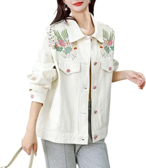 Jean Jacket Women Flower Embroidered Long Sleeve Basic Button Down Denim Jacket Coat with Pockets