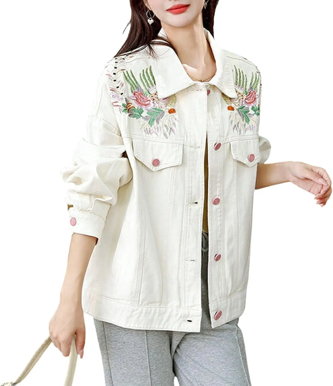 Jean Jacket Women Flower Embroidered Long Sleeve Basic Button Down Denim Jacket Coat with Pockets