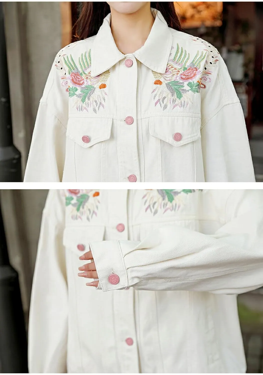 Jean Jacket Women Flower Embroidered Long Sleeve Basic Button Down Denim Jacket Coat with Pockets