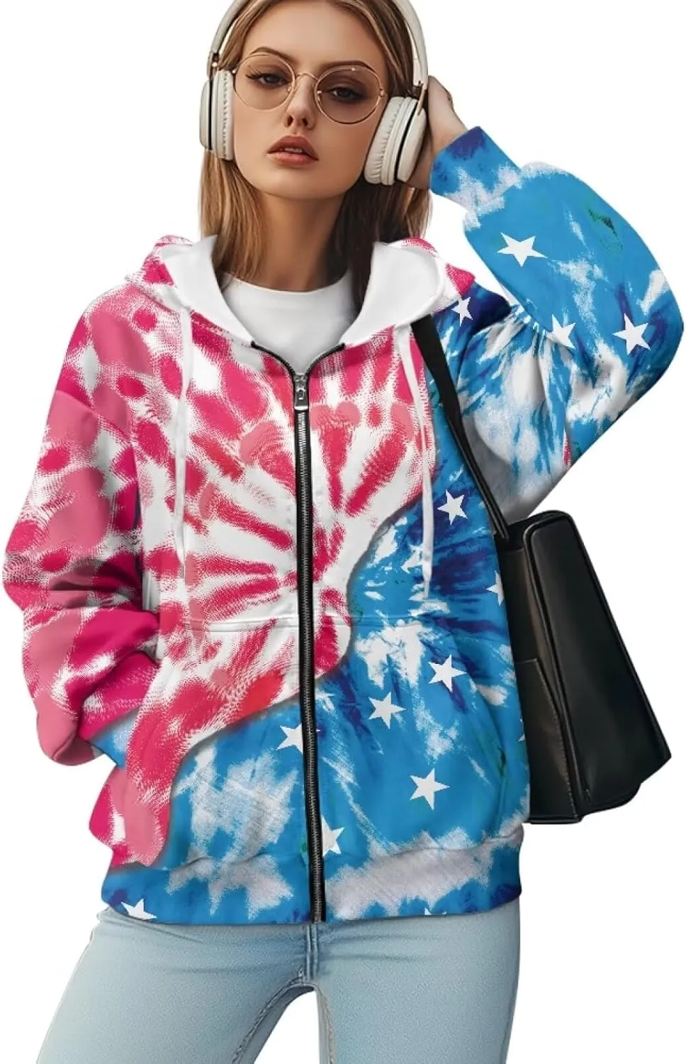 JEOCODY Zip Up Hoodie Women Oversized Hoodie Casual Long Sleeve Graphic Jackets with Pockets Zipper Drawstring