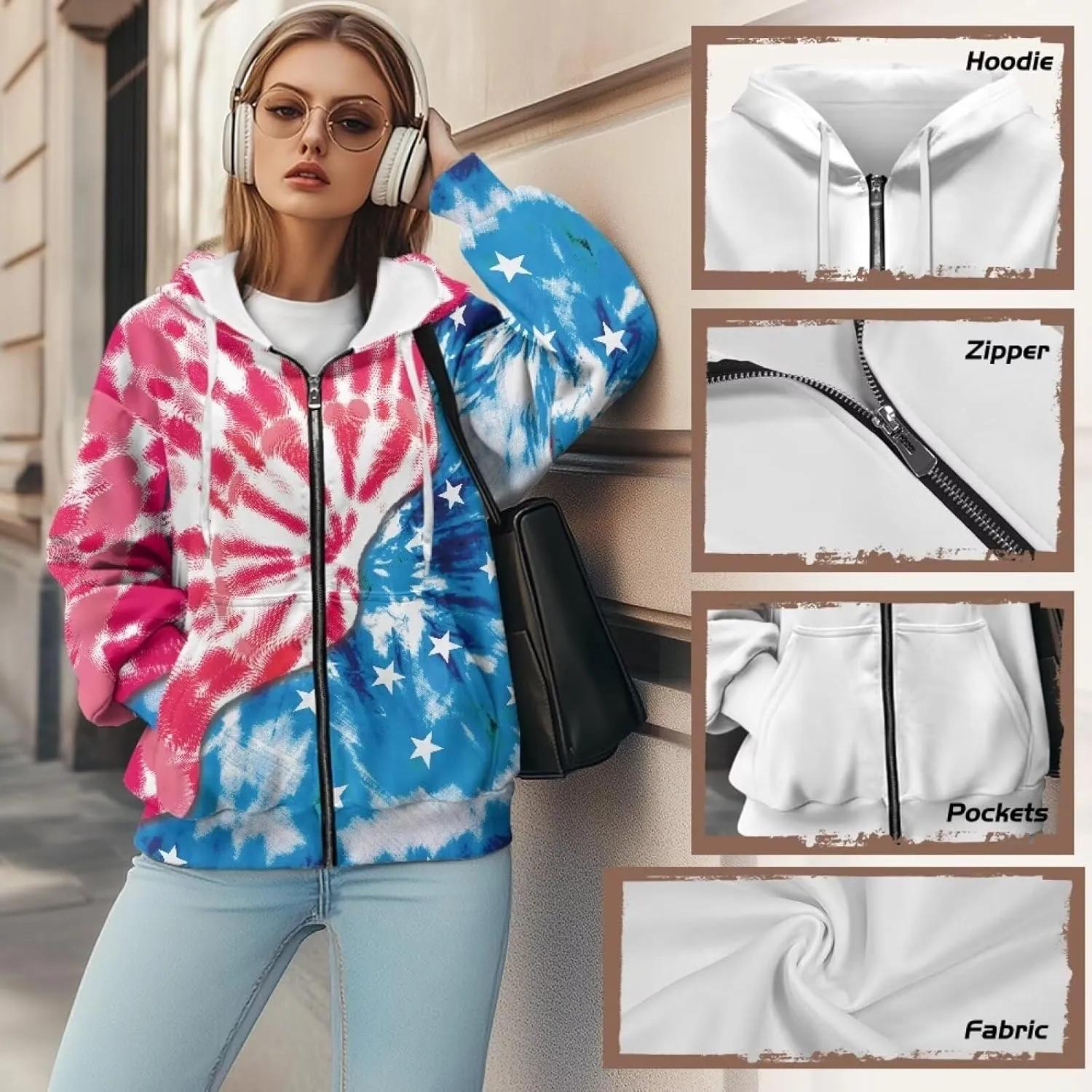 JEOCODY Zip Up Hoodie Women Oversized Hoodie Casual Long Sleeve Graphic Jackets with Pockets Zipper Drawstring