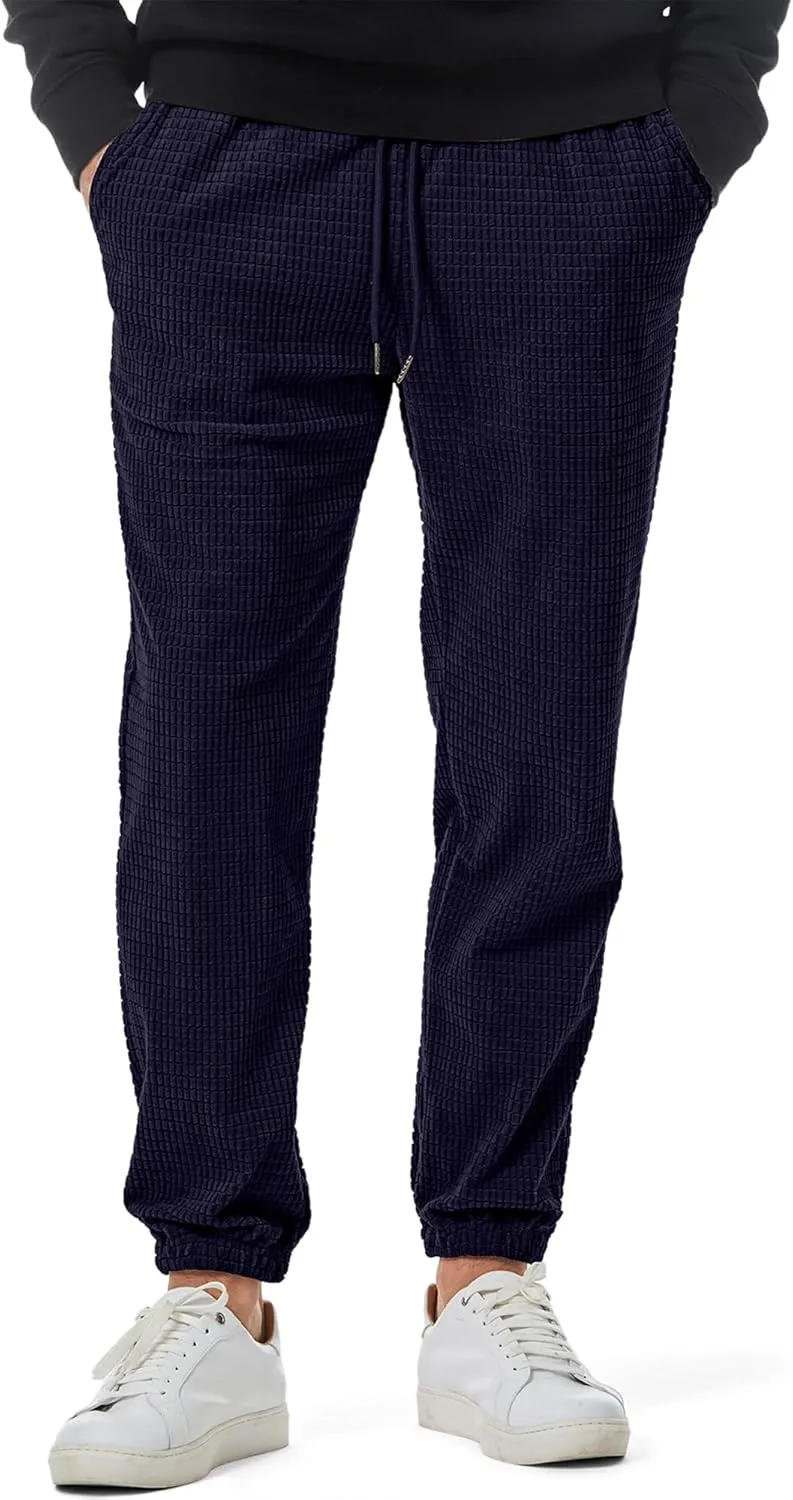 JMIERR Mens Casual Pants Waffle Textured Drawstring Stretch Elastic Waist Tapered Joggers with Pockets