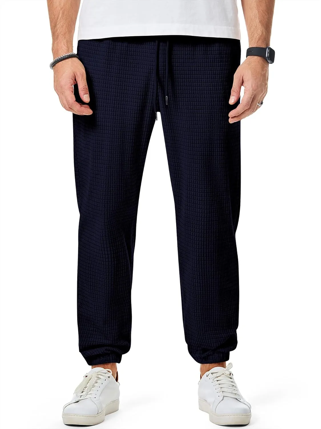 JMIERR Mens Casual Pants Waffle Textured Drawstring Stretch Elastic Waist Tapered Joggers with Pockets