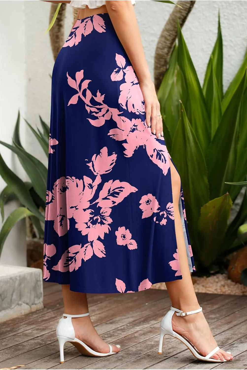 Jouica Womens Summer Casual Elegant Elastic High Waist Side Split Summer Beach Sexy Midi Skirt for Women 2024