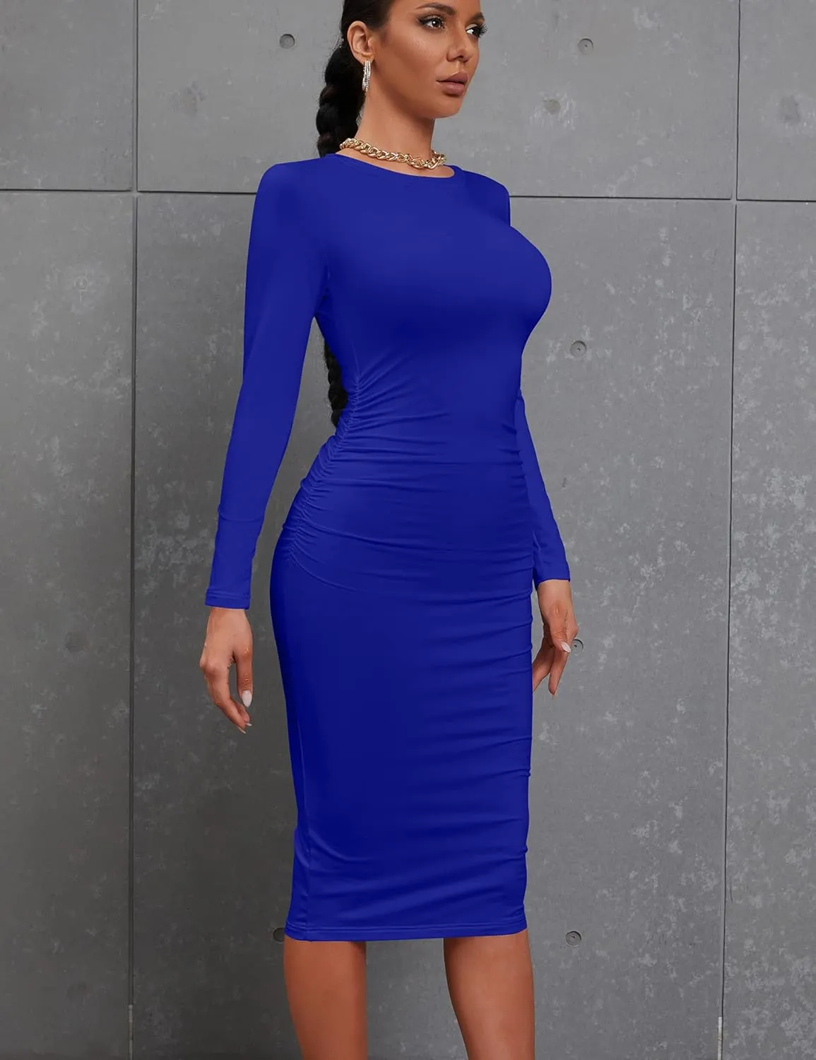 Kaximil Women's Sexy Bodycon Ruched Long Sleeve Basic Midi Club Party Pencil Dresses
