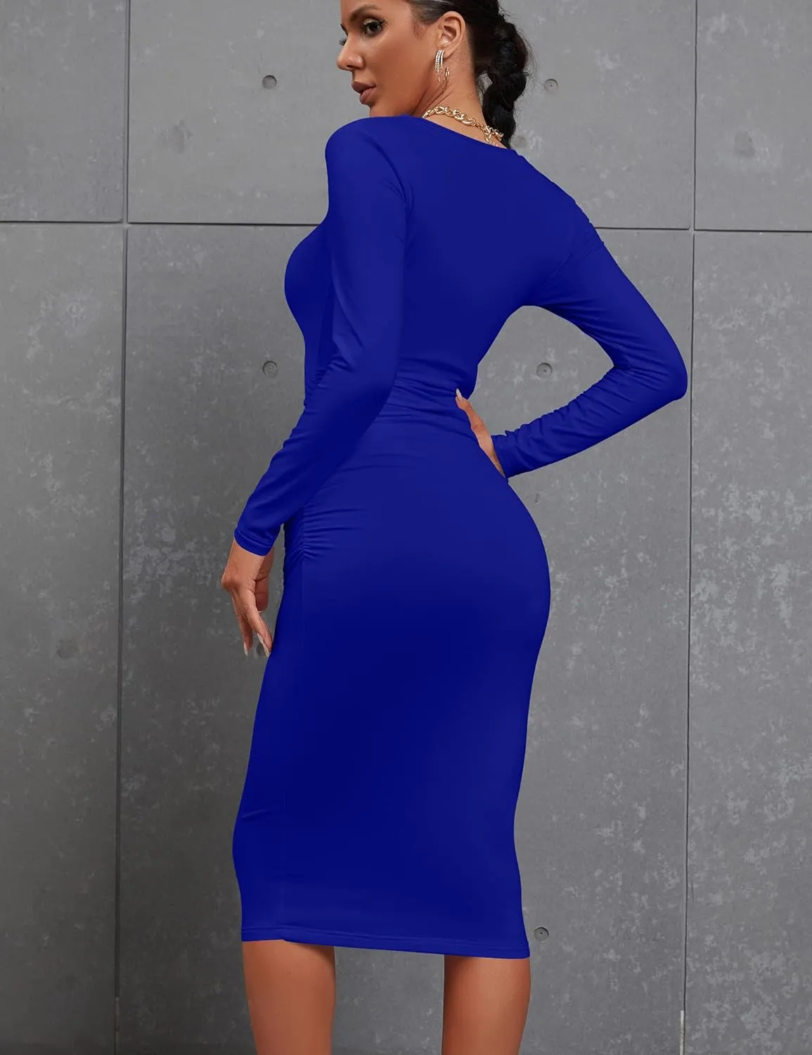 Kaximil Women's Sexy Bodycon Ruched Long Sleeve Basic Midi Club Party Pencil Dresses