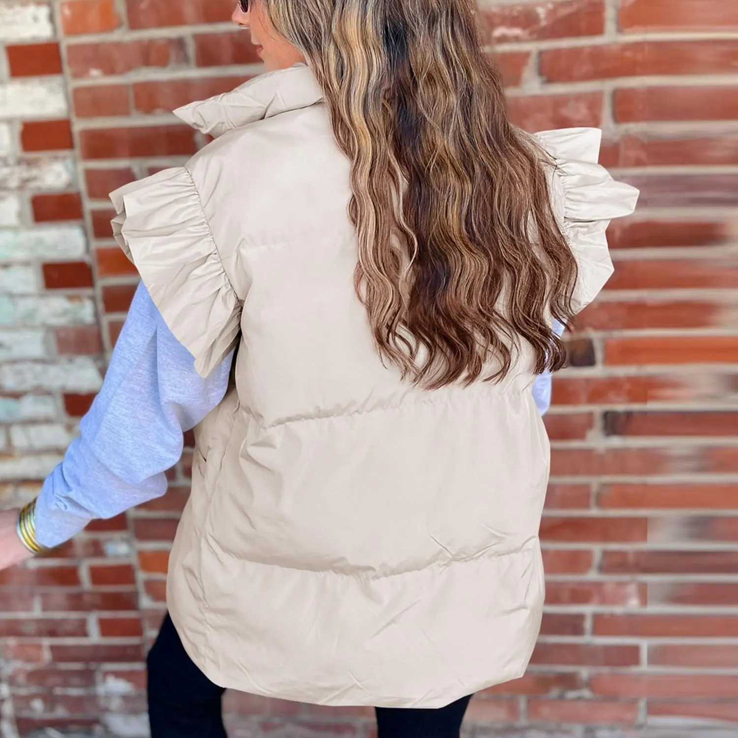 Kedera Women's Ruffle Sleeve Puffy Puffer Vests Winter Button Down Padded Gilet with Pocket
